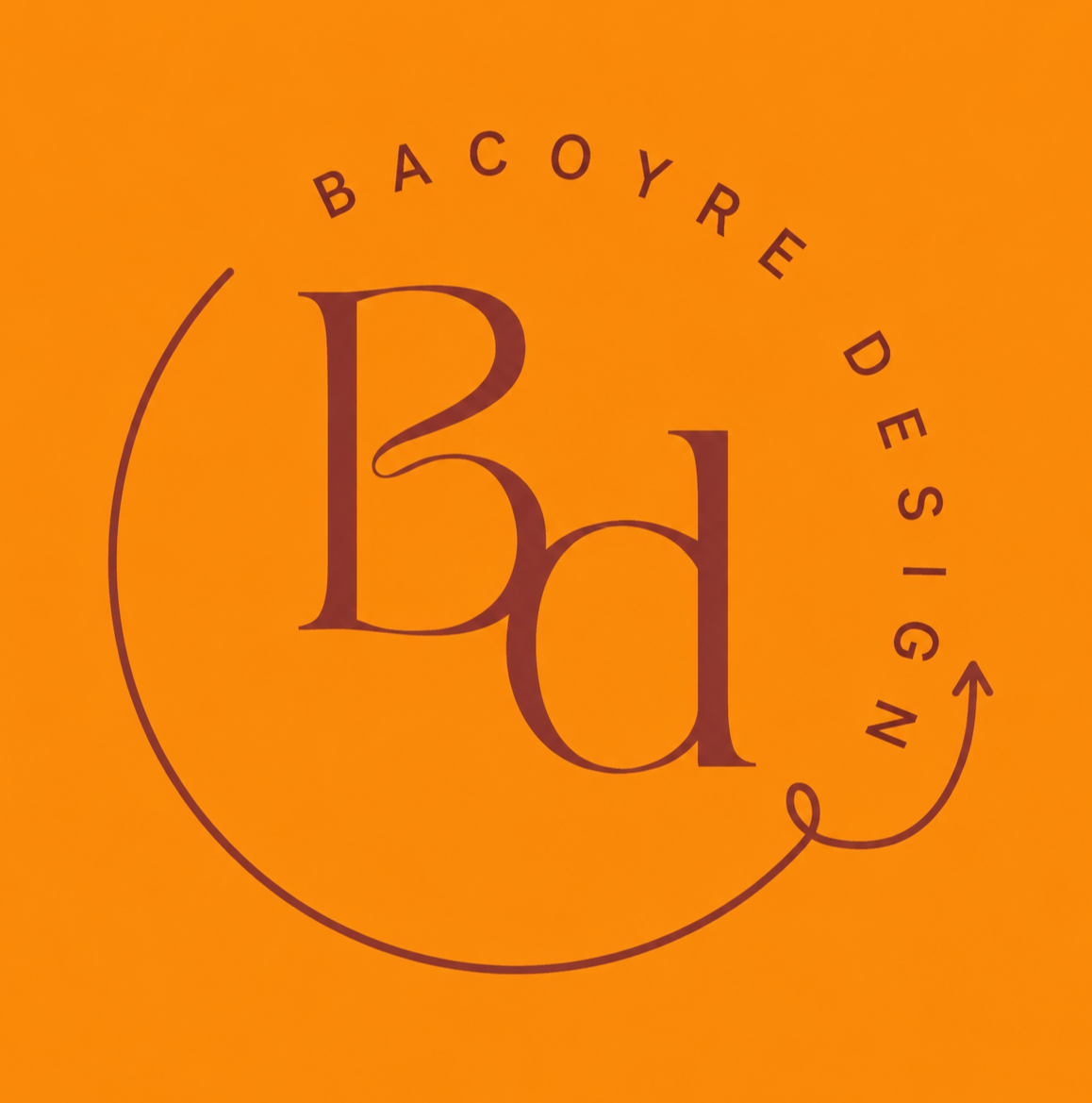 Logotipo naranja con las letras “Bd” estilizadas y el texto “Bacoyre Design” curvado a su alrededor.