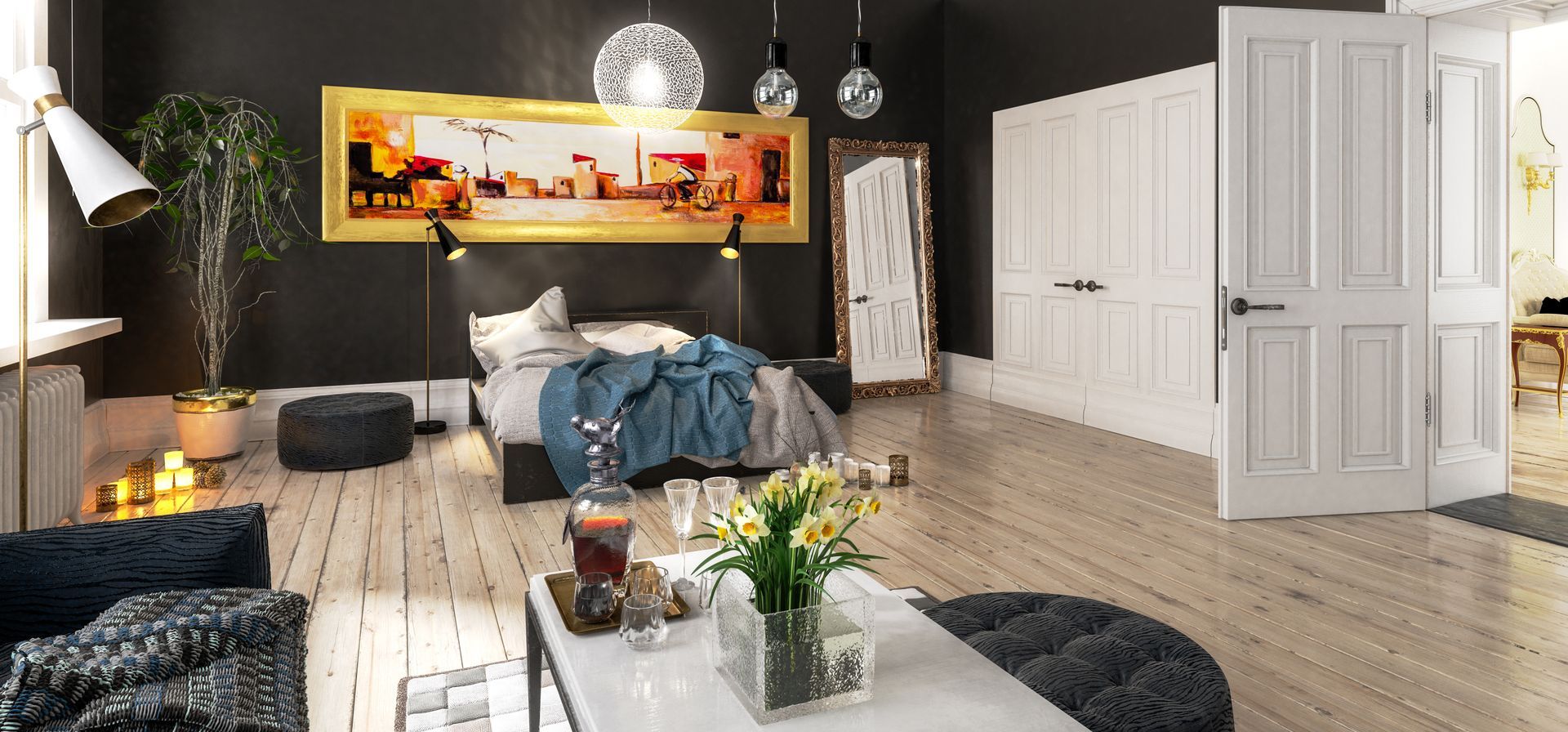 Une grande chambre avec un sol souple imitation parquet