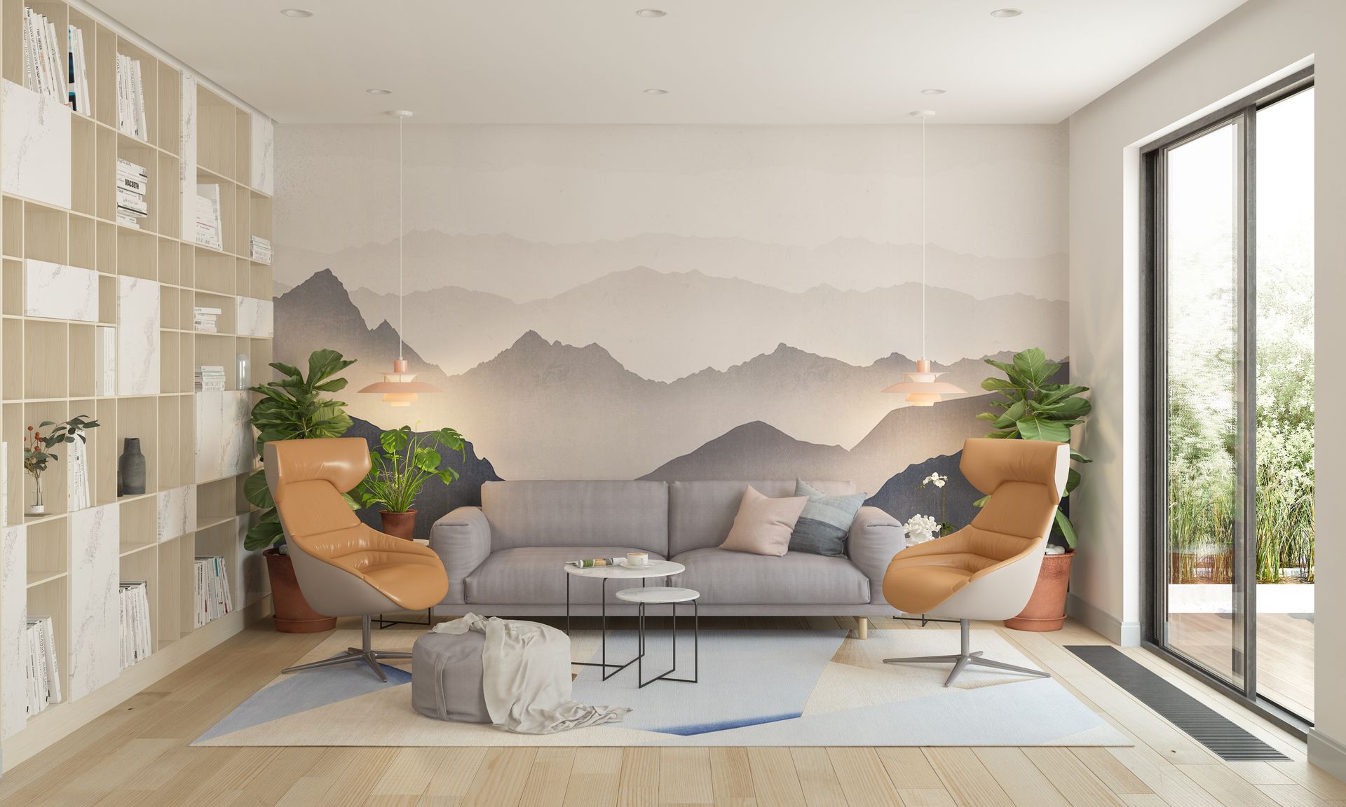 Un salon avec papier peint et parquet
