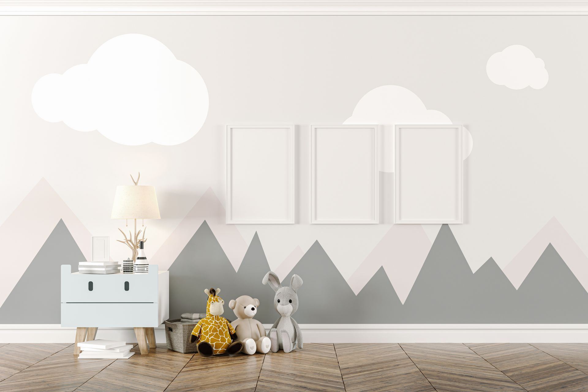 Une chambre d'enfant avec un décor de montagnes peint