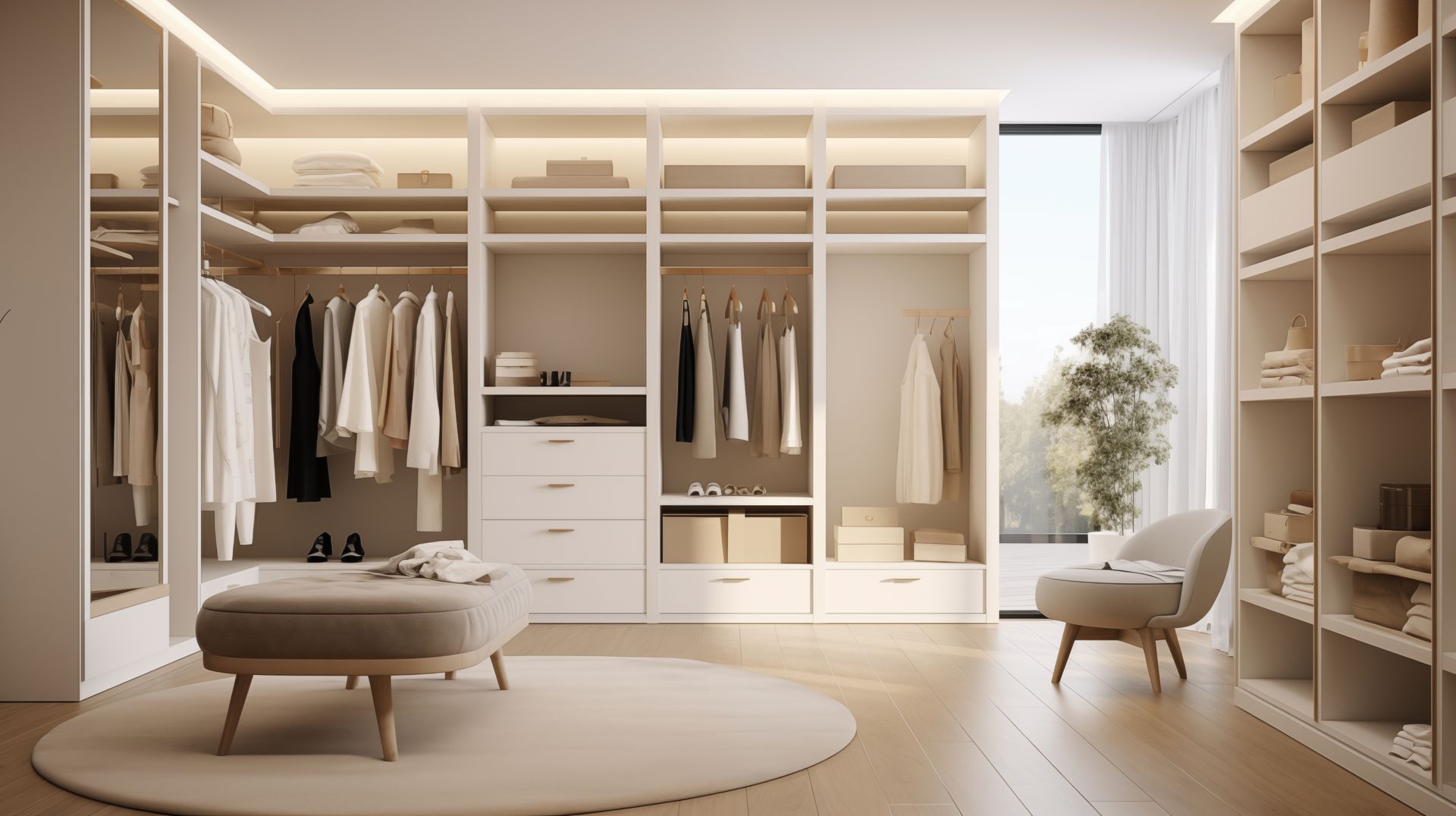 Dressing lumineux et bien organisé avec rangements intégrés beiges, vêtements suspendus, tiroirs, siège et fenêtre.