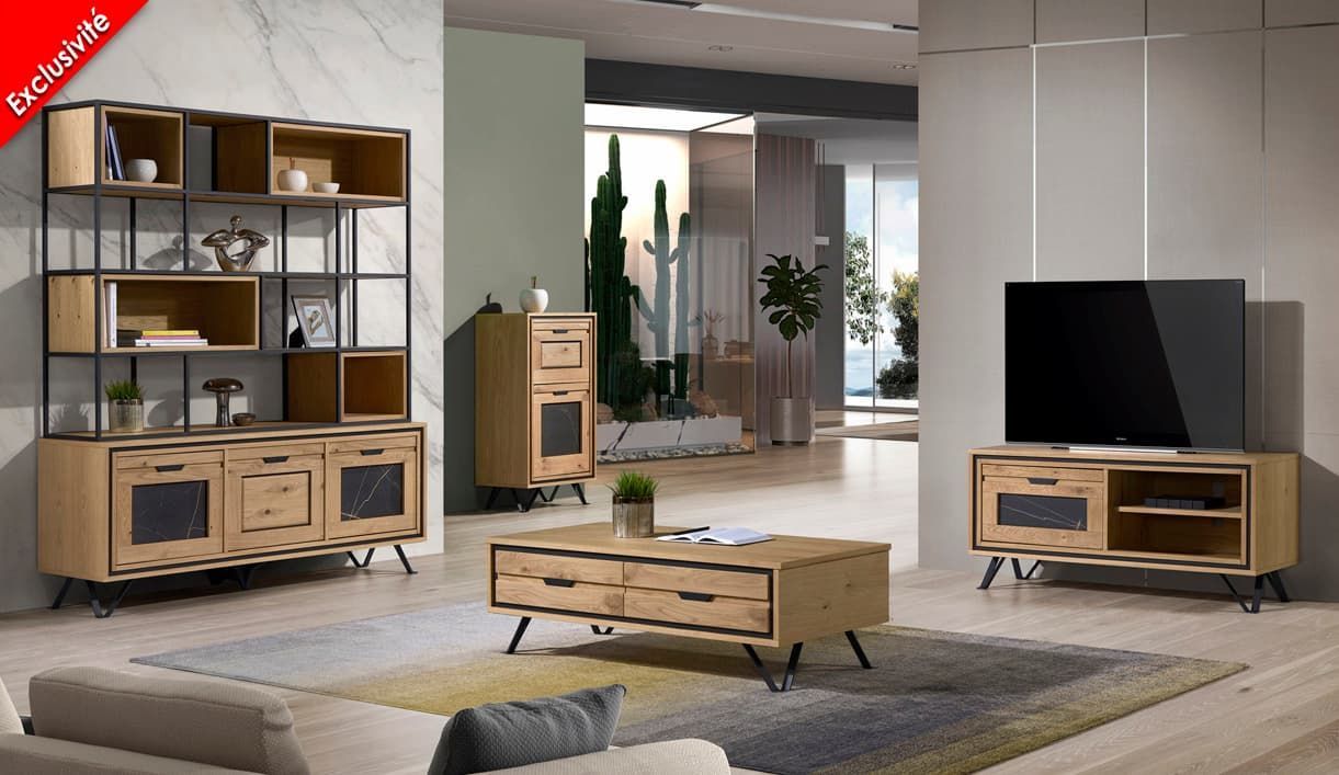 Salon avec meubles en bois clair : bibliothèque, console, meuble TV, table basse et tapis.