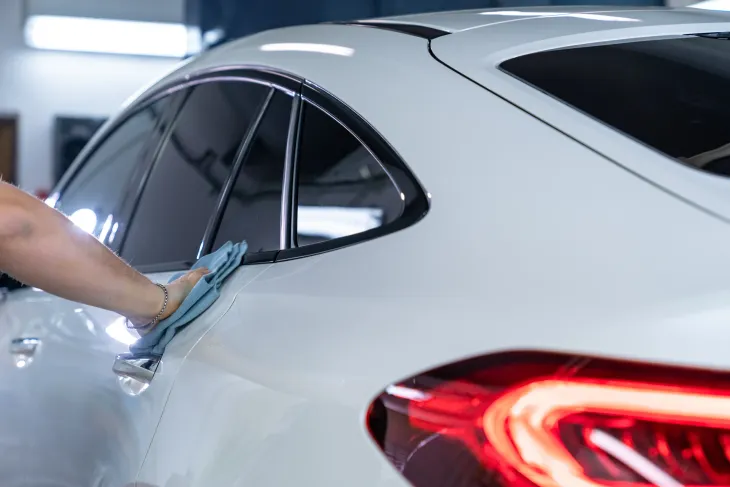 Persona limpiando la puerta de un coche blanco con un paño azul.