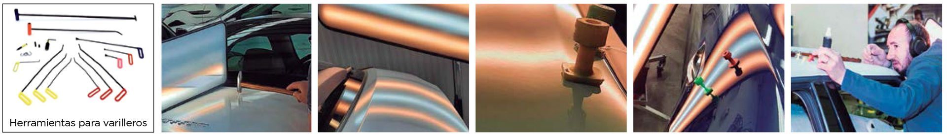 Collage que muestra herramientas para la reparación de abolladuras sin pintura en automóviles y técnicos trabajando en paneles de carrocería para eliminar abolladuras.