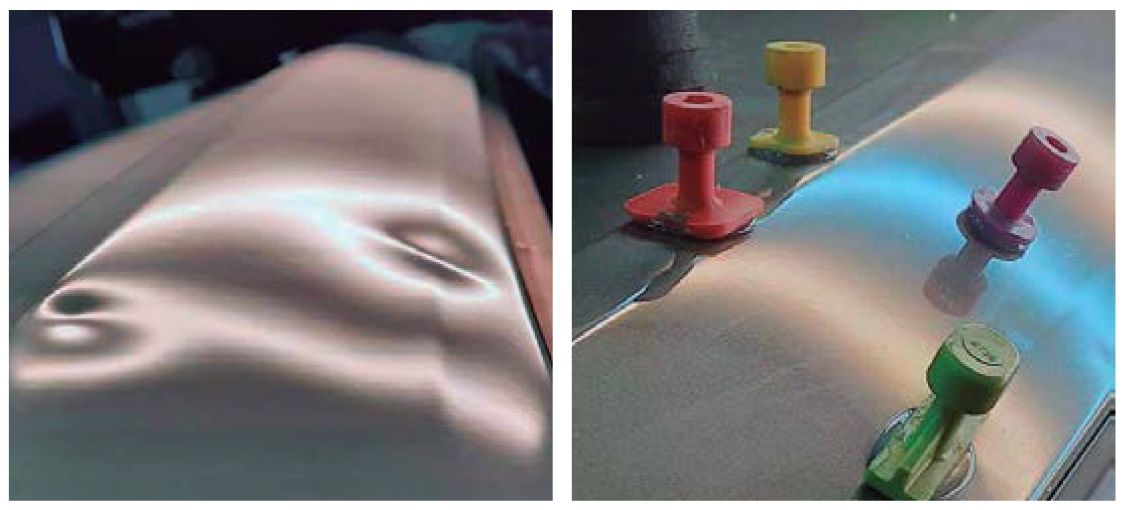 Vista comparativa de un panel de la carrocería de un automóvil antes y después de la reparación de abolladuras mediante la técnica de extracción con adhesivo y pestañas de plástico multicolores.