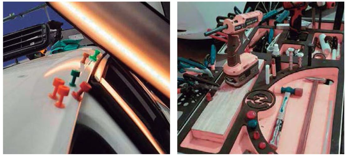 Una pantalla dividida muestra unas pestañas de plástico para enderezar abolladuras en el panel de un coche y un carro de herramientas con un taladro eléctrico y herramientas especializadas.