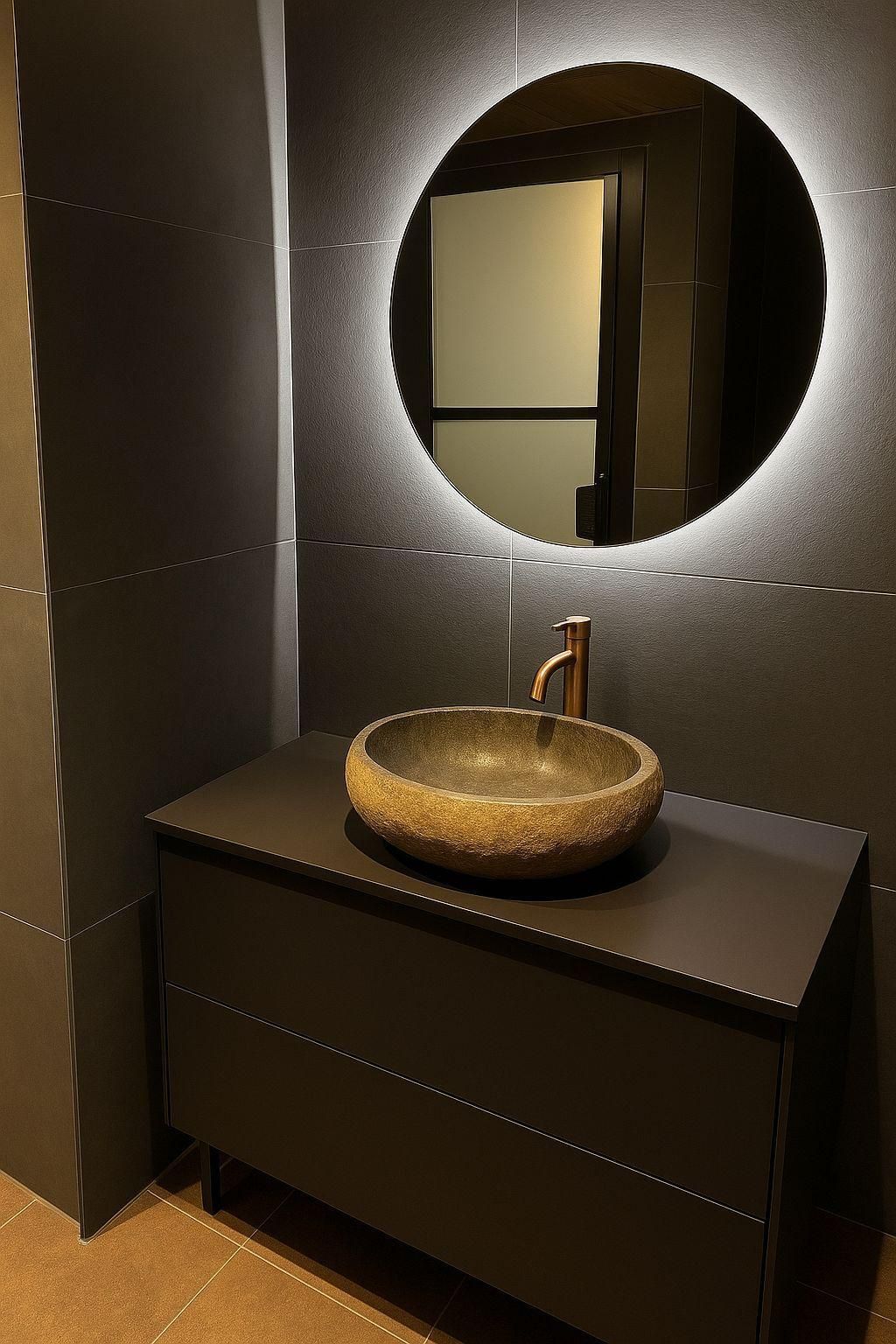 Moderni kylpyhuoneremontti Turku, kiviallas ja taustavalaistu pyöreä peili Pintapiste Oy.