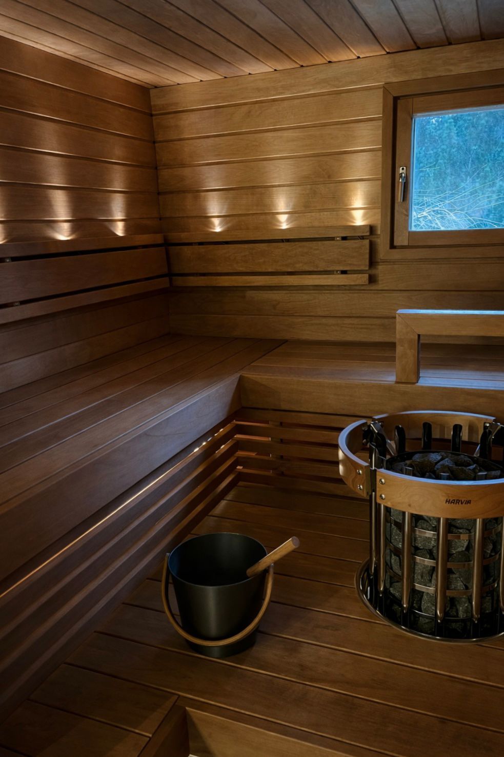 Tunnelmallinen musta saunasisustus, jossa on lauteisiin upotettu kiuas ja tummat paneelit Liedon kohteessa.