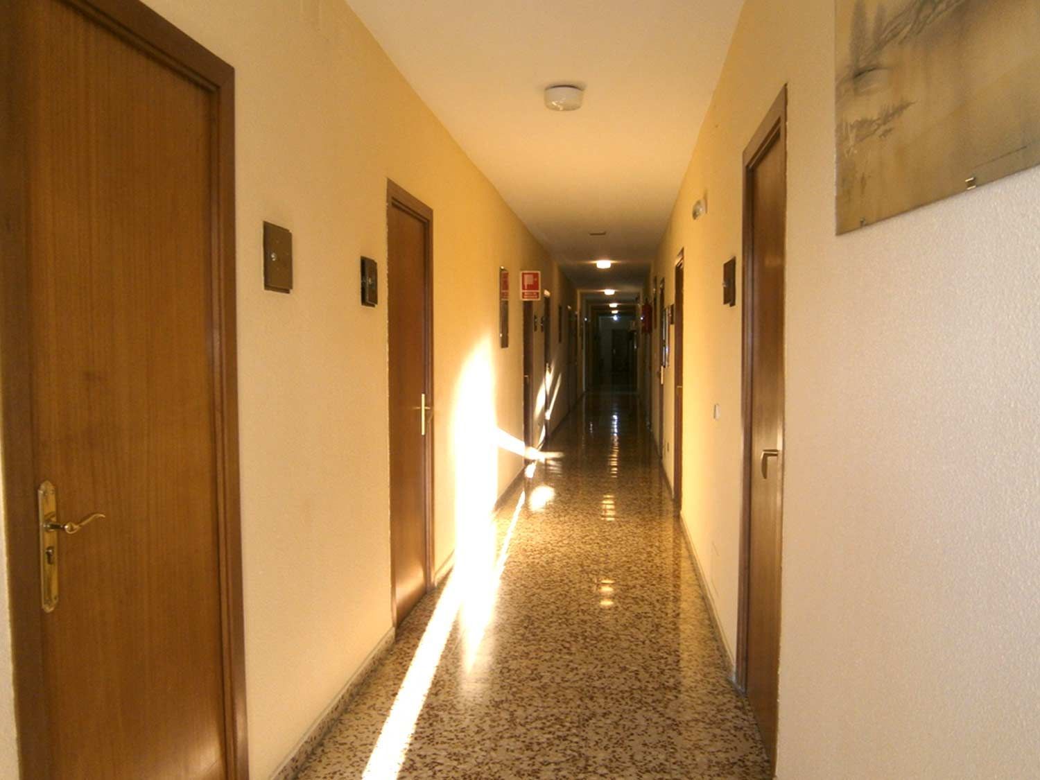 Un largo pasillo con algunas puertas y un cuadro en la pared.