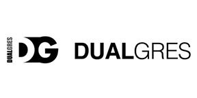 Un logotipo en blanco y negro para una empresa llamada dualgres.