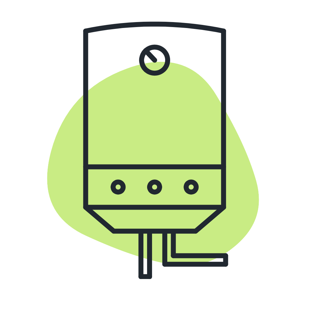 Un dibujo lineal de una caldera con un reloj encima.