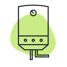Un dibujo lineal de una caldera con un reloj encima.