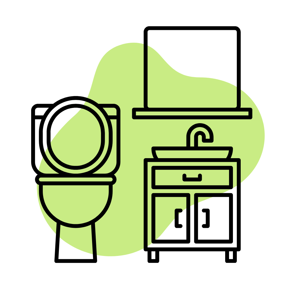Un icono de baño con inodoro, lavabo, espejo y armario.