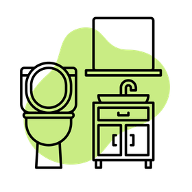 Un icono de baño con inodoro, lavabo, espejo y armario.