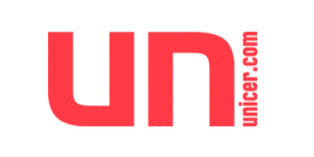 Un logotipo rojo de unicer.com sobre un fondo blanco