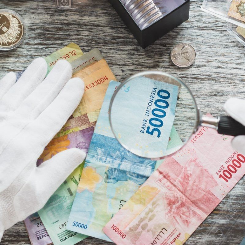 Una persona sostiene una lupa sobre una pila de billetes de un banco de Indonesia.