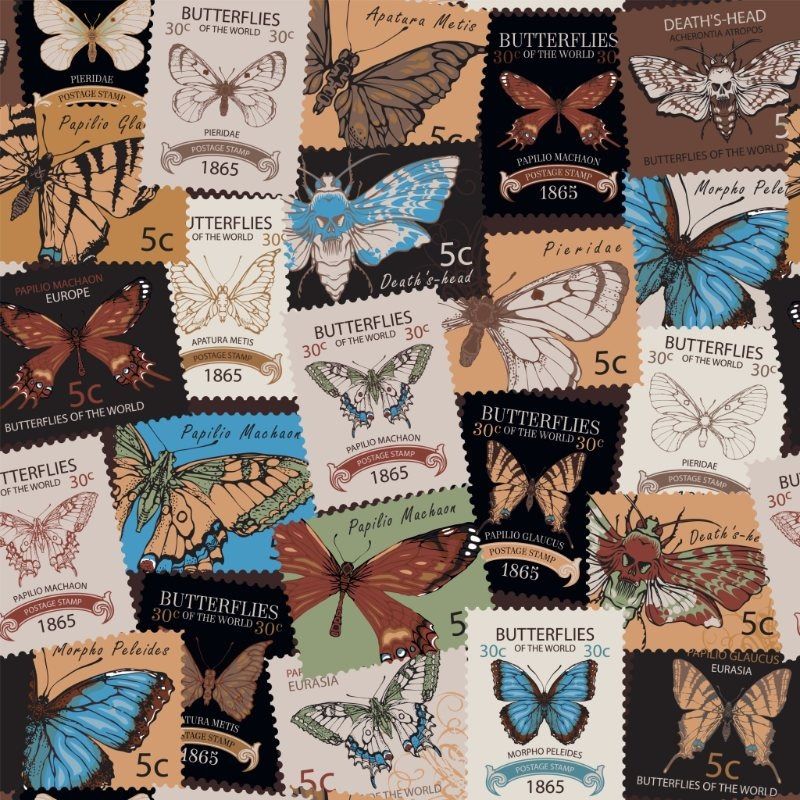 Una colección de sellos postales con mariposas en ellos.