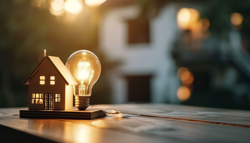 Casa en miniatura y bombilla encendida sobre una superficie de madera, fondo bokeh.