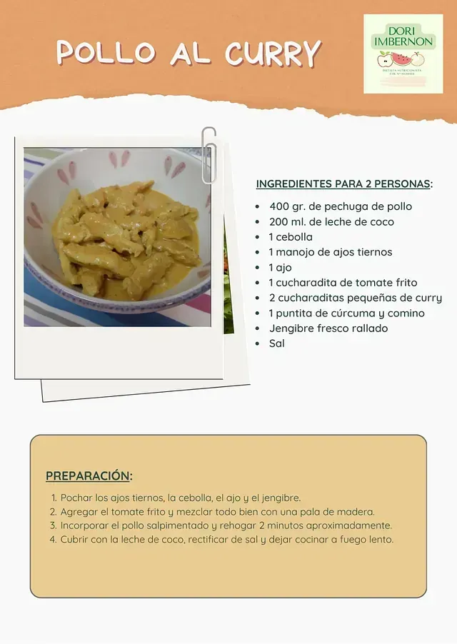 Tarjeta de receta de pollo al curry, con ingredientes, instrucciones y una foto del plato terminado en un tazón.