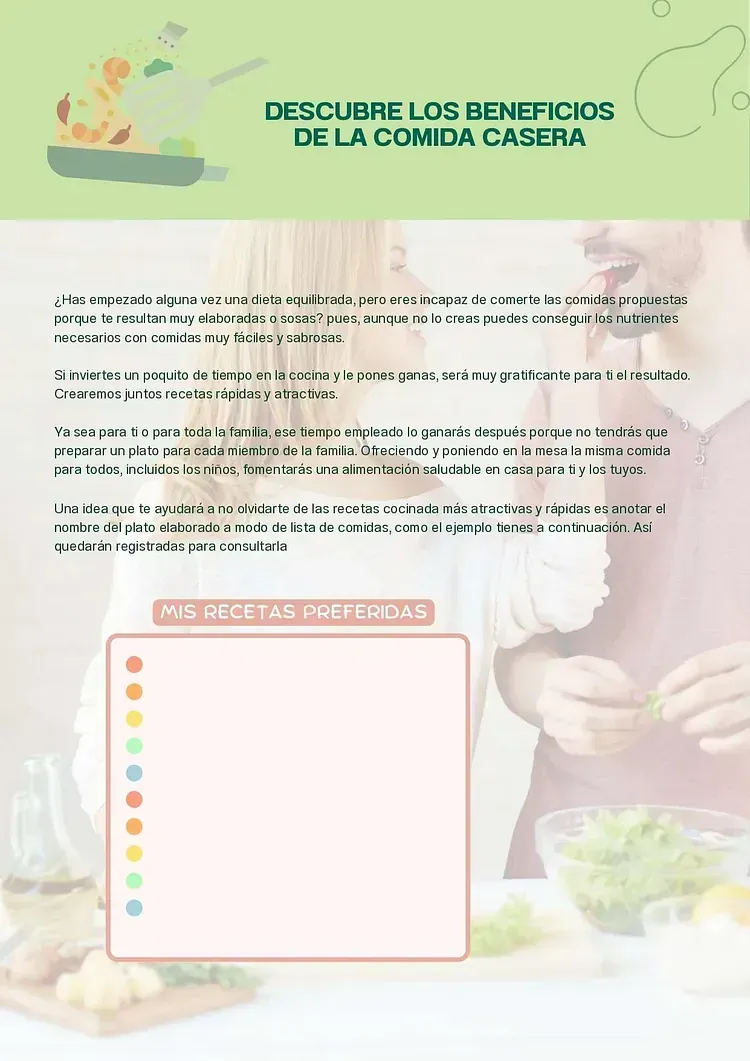Cartel que promociona los beneficios de la comida casera, en el que aparece una pareja preparando una ensalada, con texto y una lista con viñetas.
