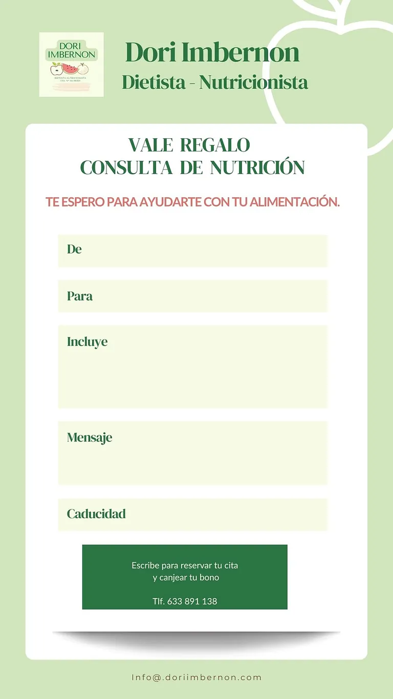 Tarjeta de regalo para una consulta de nutrición con Dori Imbernon. Tiene colores verde claro y blanco, y espacios para completar la información.