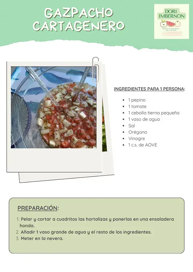 Tarjeta de receta de Gazpacho Cartagenero. Incluye foto de la sopa, lista de ingredientes y pasos de preparación.