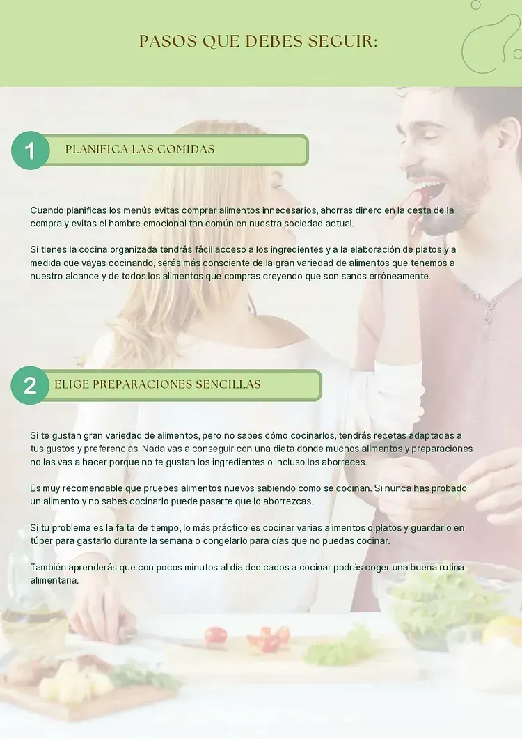 Documento sobre alimentación saludable, con una pareja cocinando juntos. Texto en español.
