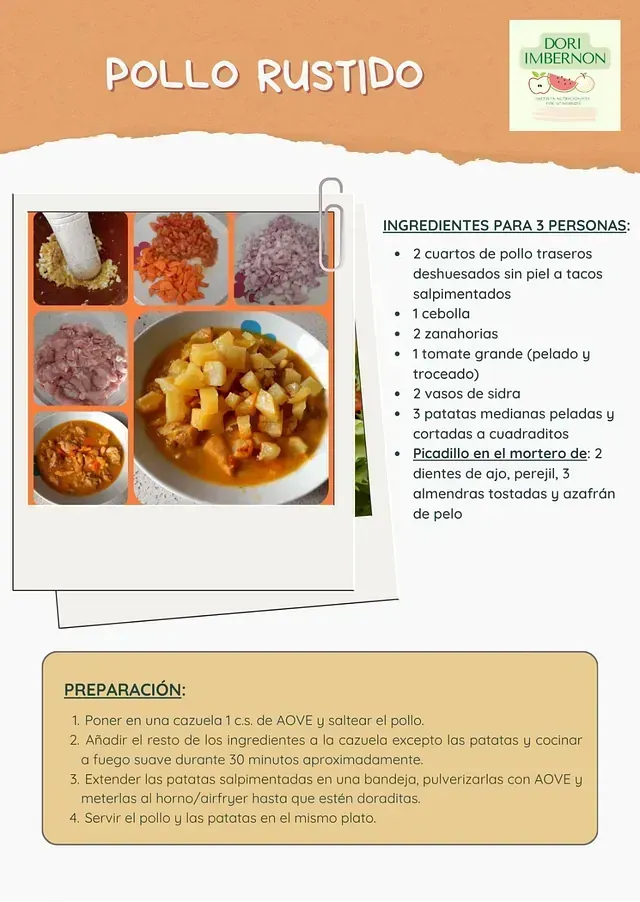 Receta de pollo asado con ingredientes, imágenes e instrucciones para 5 porciones. Incluye verduras y condimentos.