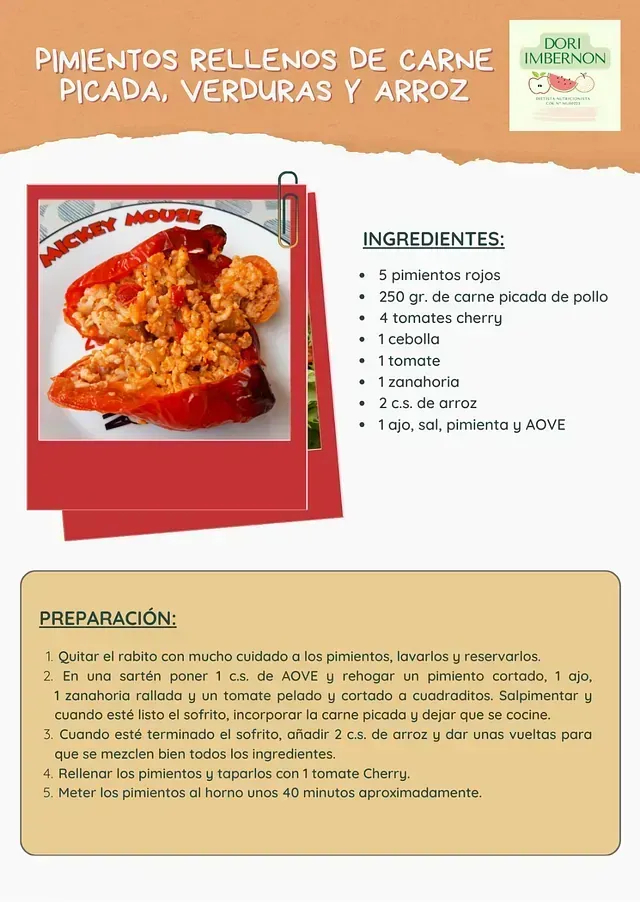 Receta de pimientos rellenos con carne molida, verduras y arroz; la foto muestra un plato con un pimiento rojo relleno con una mezcla de carne.