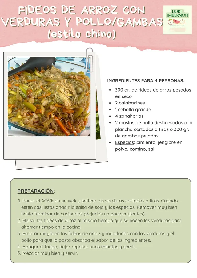 Receta de fideos de arroz al estilo chino con verduras y pollo o camarones. Incluye foto del plato, ingredientes e instrucciones de preparación.