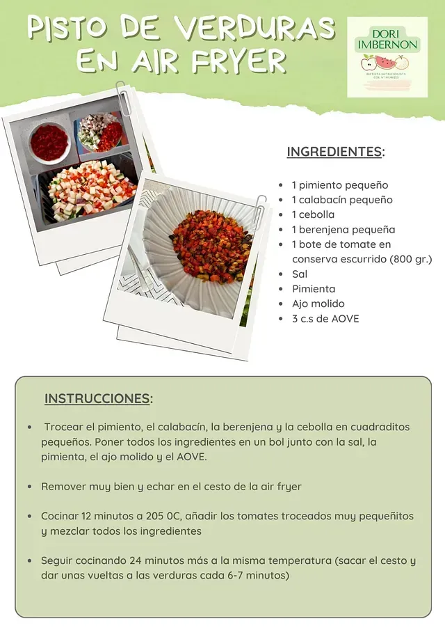 Receta de pisto de verduras cocinado en freidora de aire. Los ingredientes y las instrucciones están en un folleto con ejemplos fotográficos.