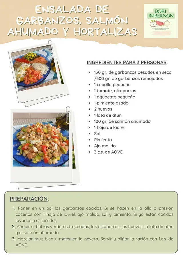 Receta de ensalada de garbanzos, salmón ahumado y verduras, con foto del plato e ingredientes listados.