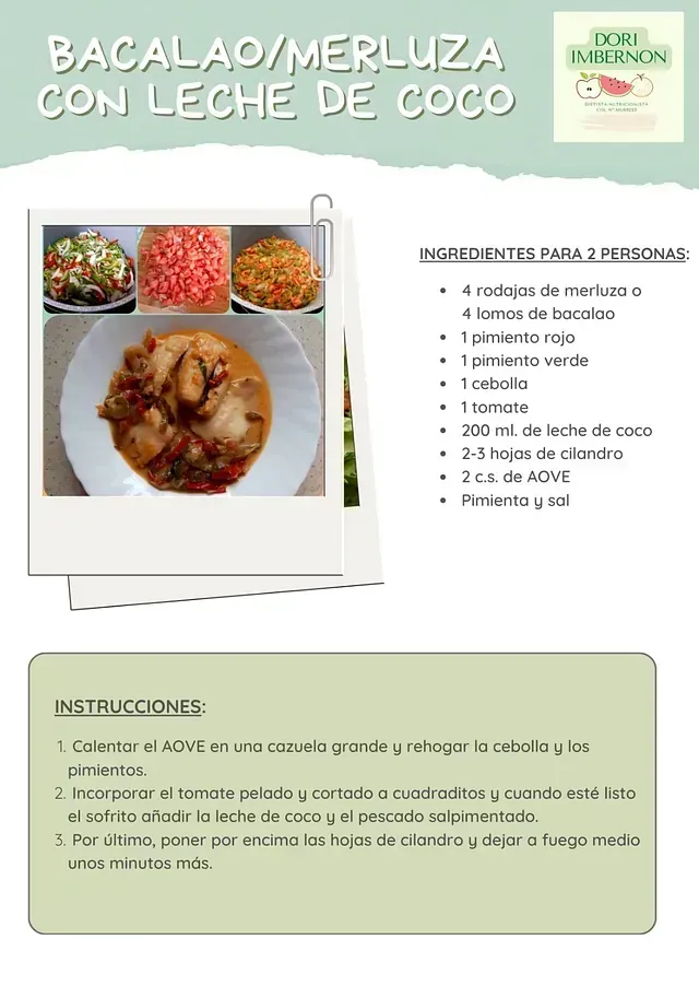 Receta de bacalao/merluza con leche de coco. Incluye ingredientes, fotos e instrucciones de cocción en papel.