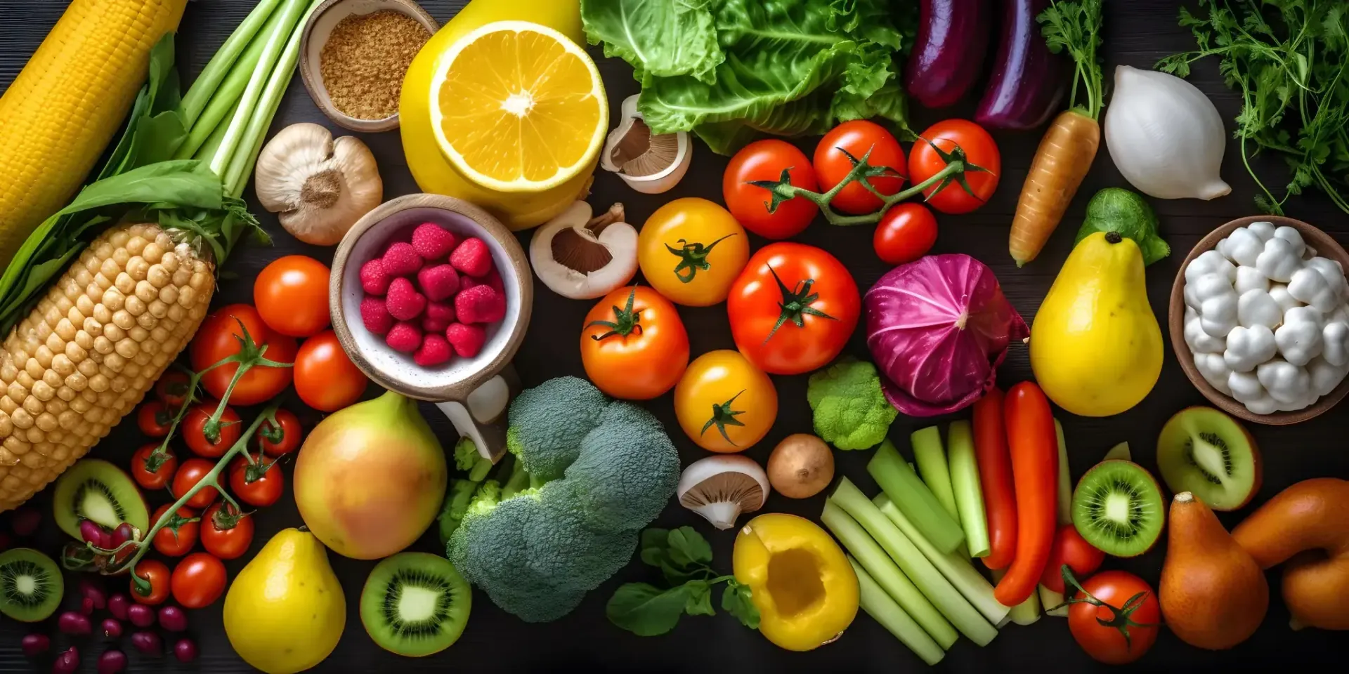 Fotografía cenital de diversas frutas y verduras frescas, incluidos tomates, bayas y brócoli.