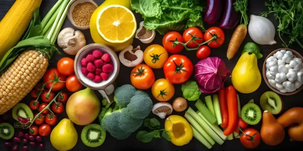Fotografía cenital de diversas frutas y verduras frescas, incluidos tomates, bayas y brócoli.