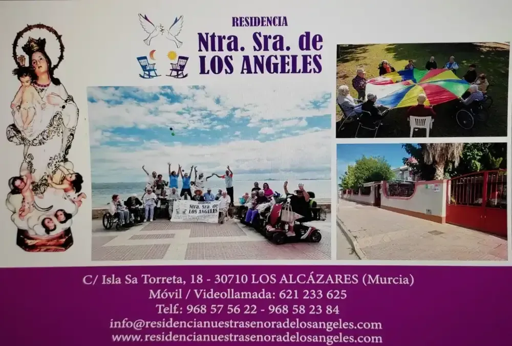 Tarjeta de presentación para la residencia Ntra. Sra. de Los Ángeles; incluye fotos, dirección, números de teléfono