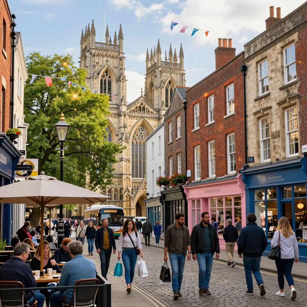 Busy historic shopping street in York city centre