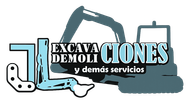 Logo for “Excavaciones y Demoliciones y demás servicios” with blue excavator and shovel graphics