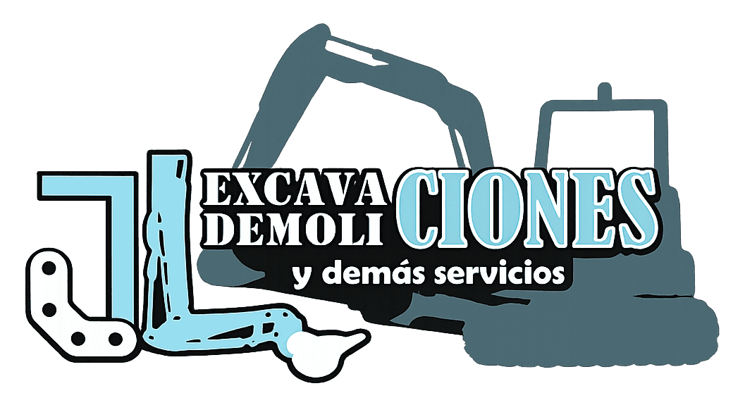 Logo for “Excavaciones y Demoliciones y demás servicios” with blue excavator and shovel graphics