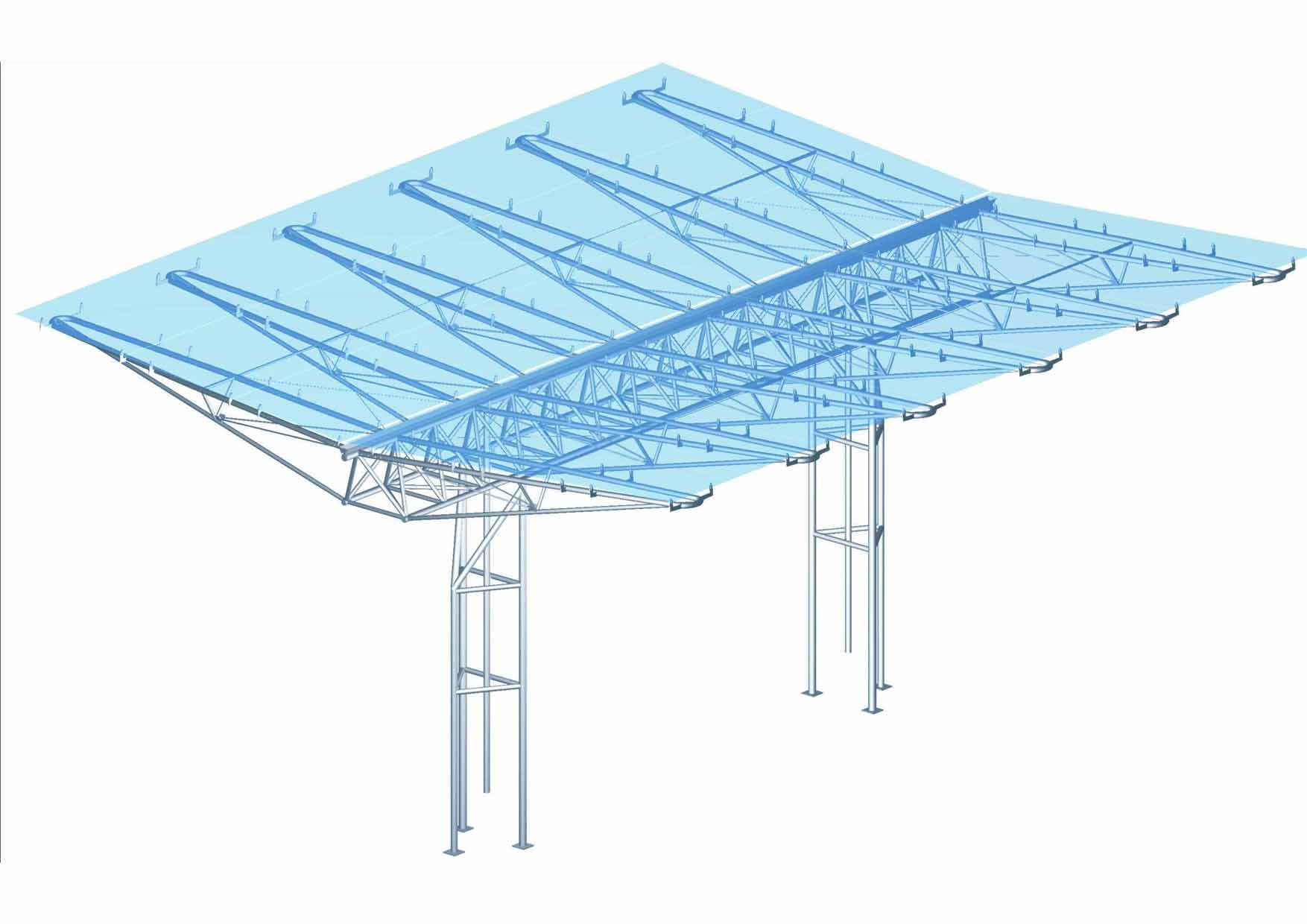 Eine blau-weiße Zeichnung eines Carports mit einem durchsichtigen Dach.