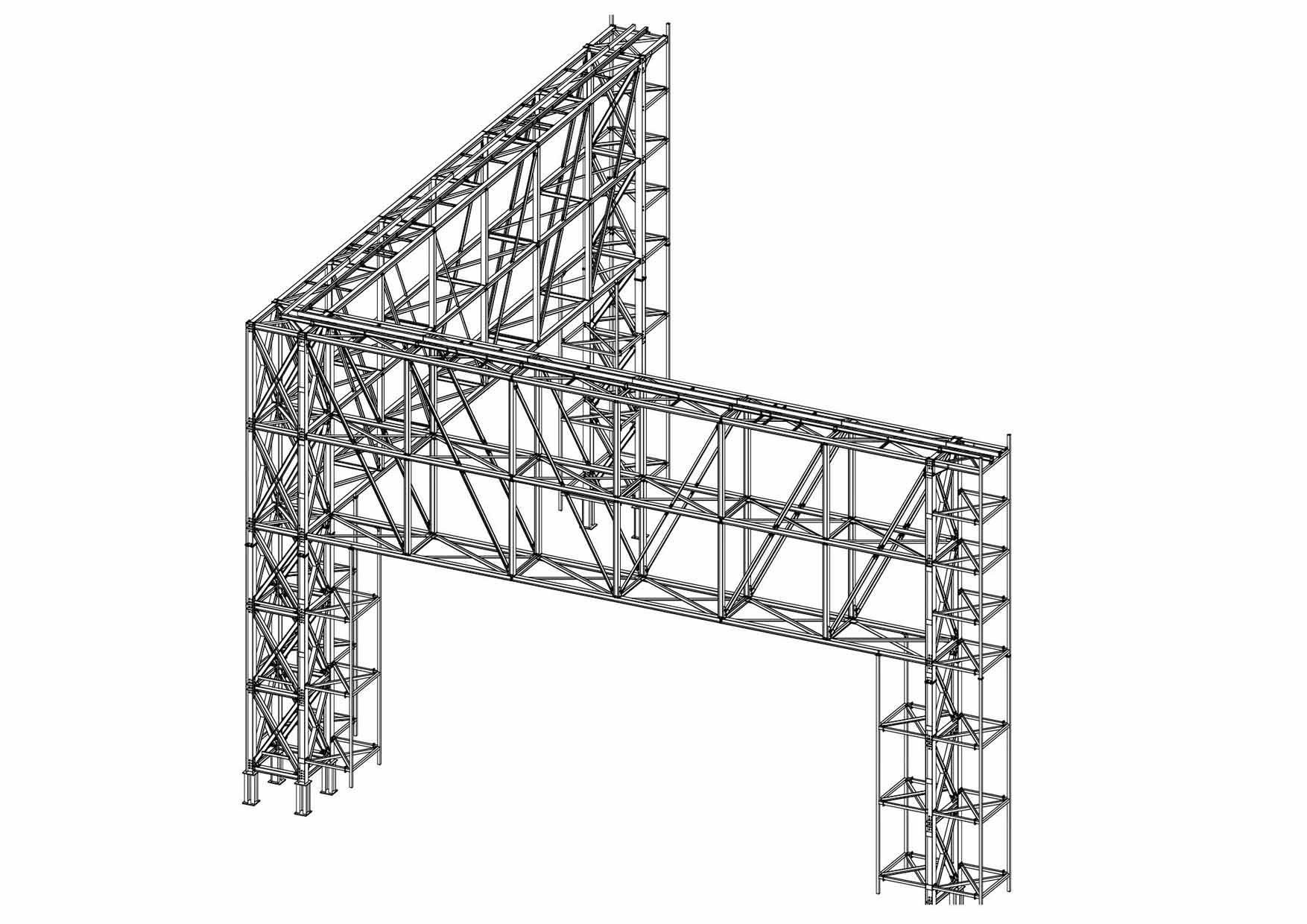 Eine Schwarzweißzeichnung einer Metallstruktur auf weißem Hintergrund.