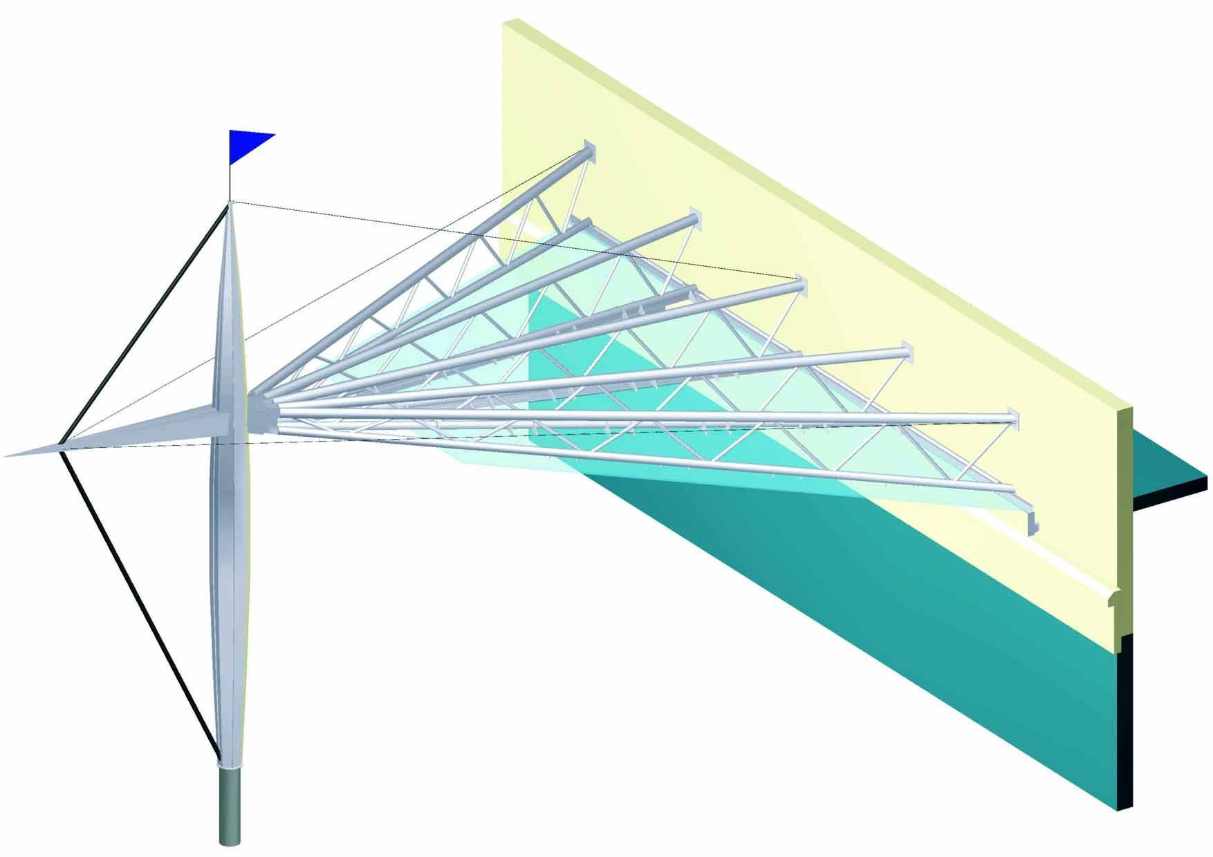 Eine Zeichnung einer Windmühle mit einer blauen Flagge darauf.