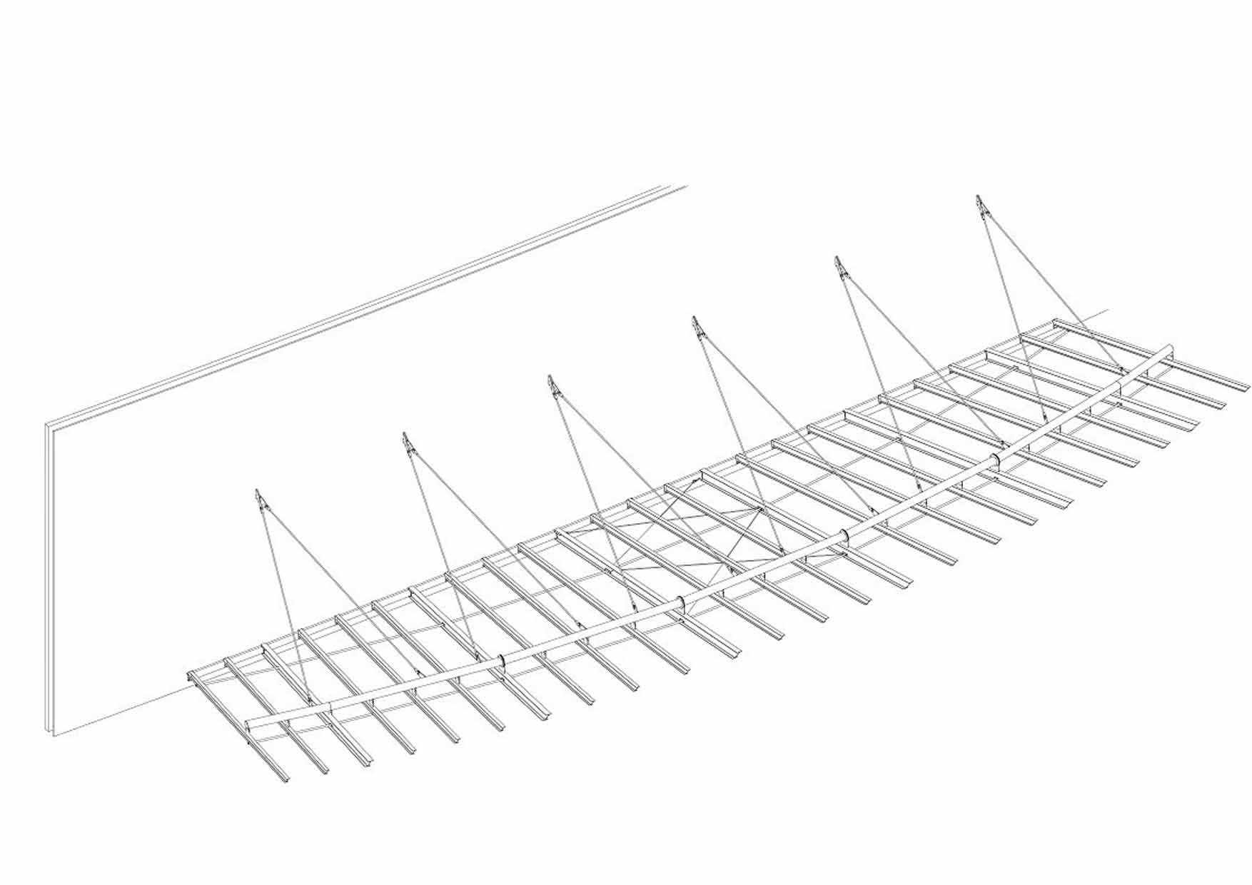 Eine Schwarzweißzeichnung einer Brücke mit vielen Treppen.