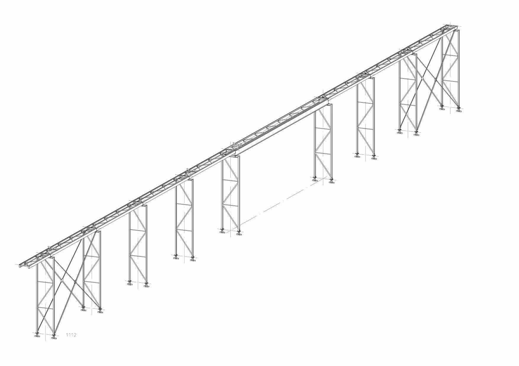 Eine Schwarzweißzeichnung einer Brücke auf weißem Hintergrund.