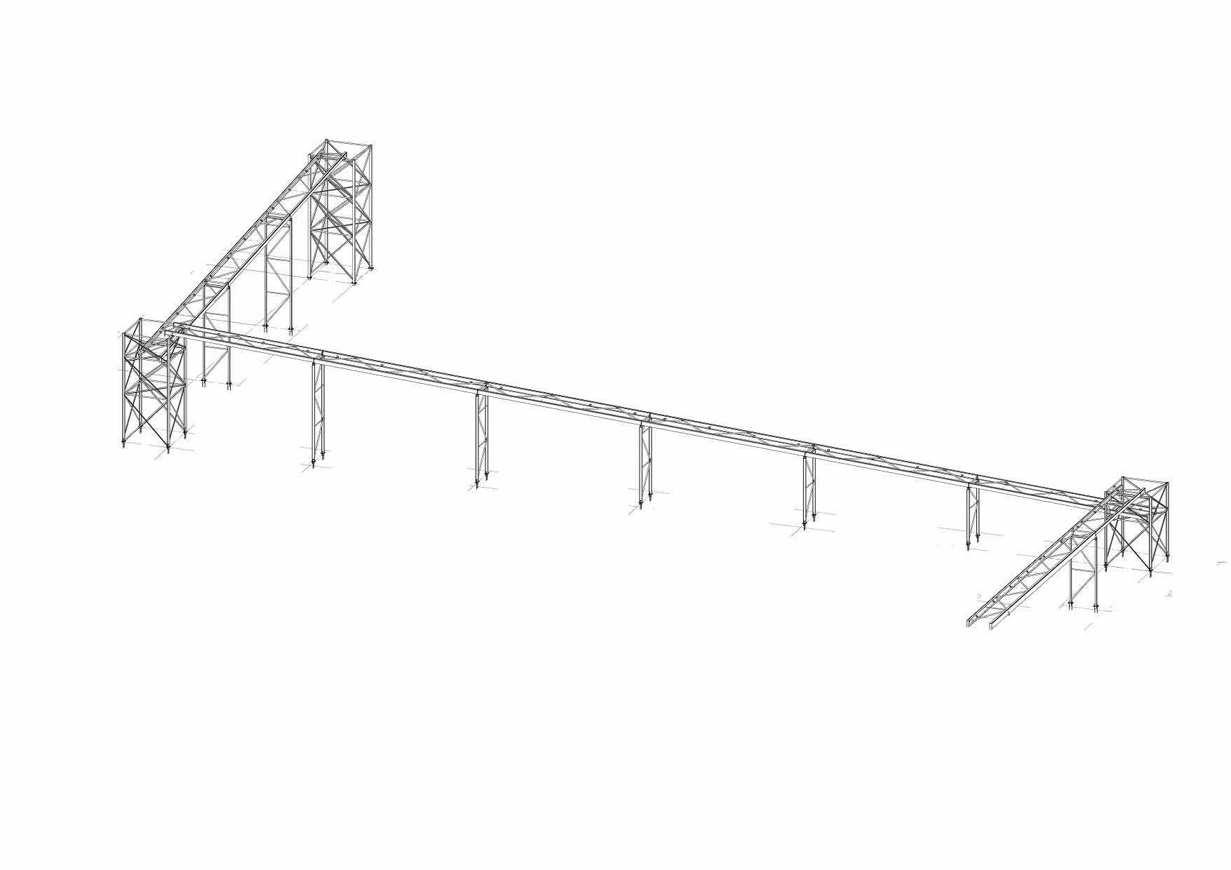 Eine Schwarzweißzeichnung einer Brücke auf weißem Hintergrund.