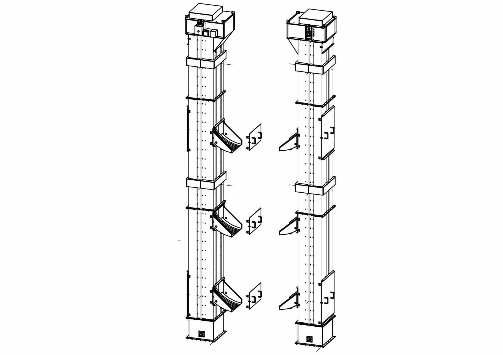 Eine Schwarzweißzeichnung von zwei Aufzügen auf weißem Hintergrund.