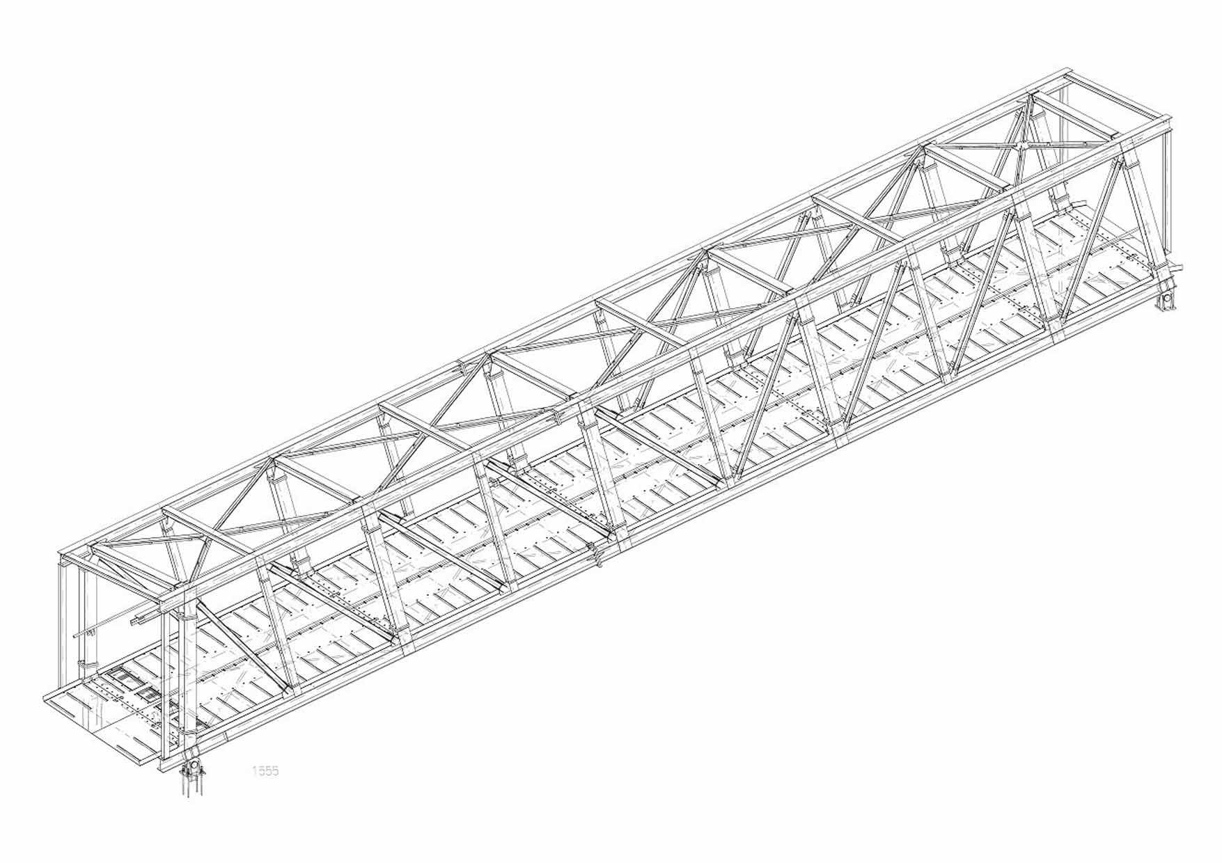 Eine Schwarzweißzeichnung einer Brücke auf weißem Hintergrund.