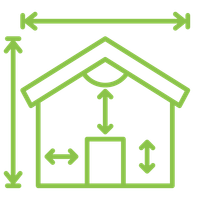 Eine grüne Strichzeichnung eines Hauses mit Pfeilen, die in verschiedene Richtungen zeigen.