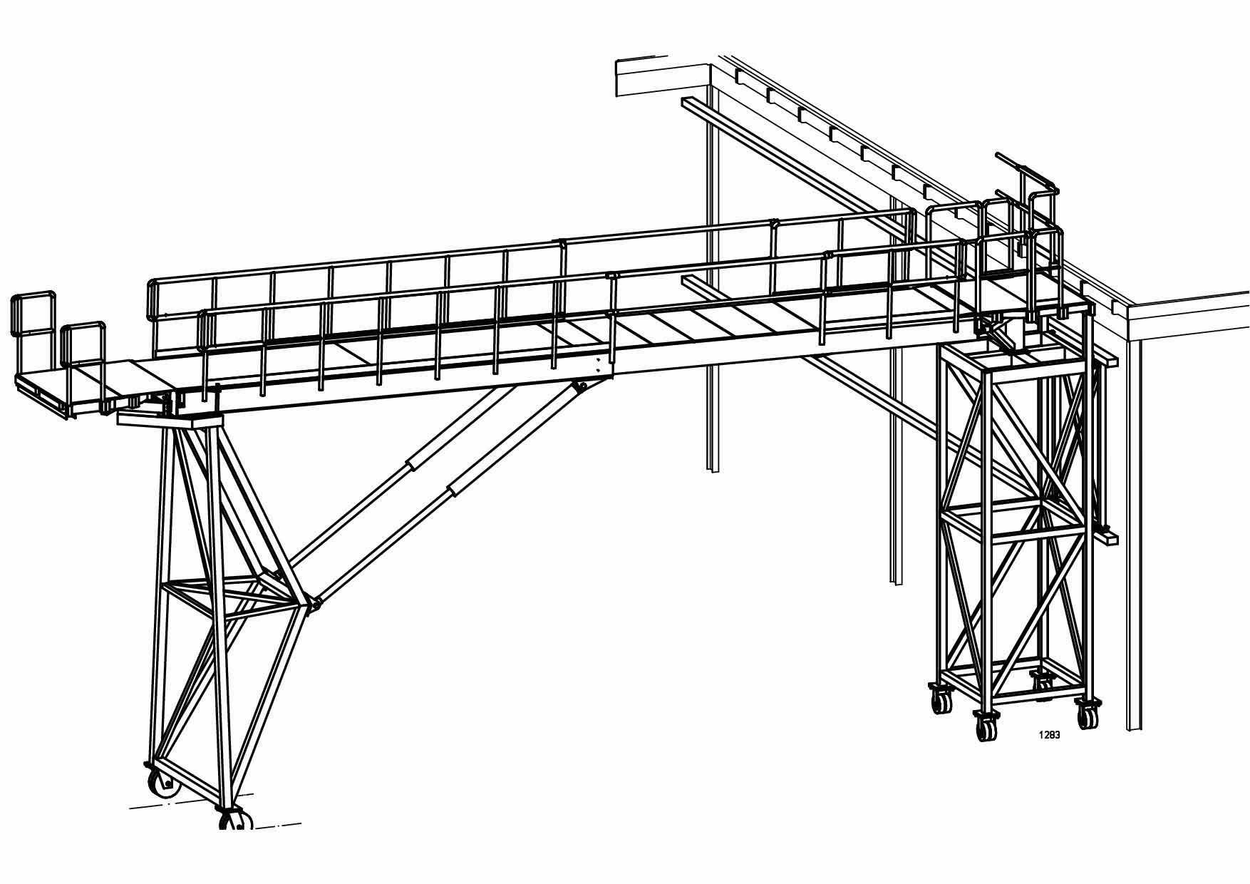 Eine Schwarzweißzeichnung einer Metallbrücke mit Treppe.