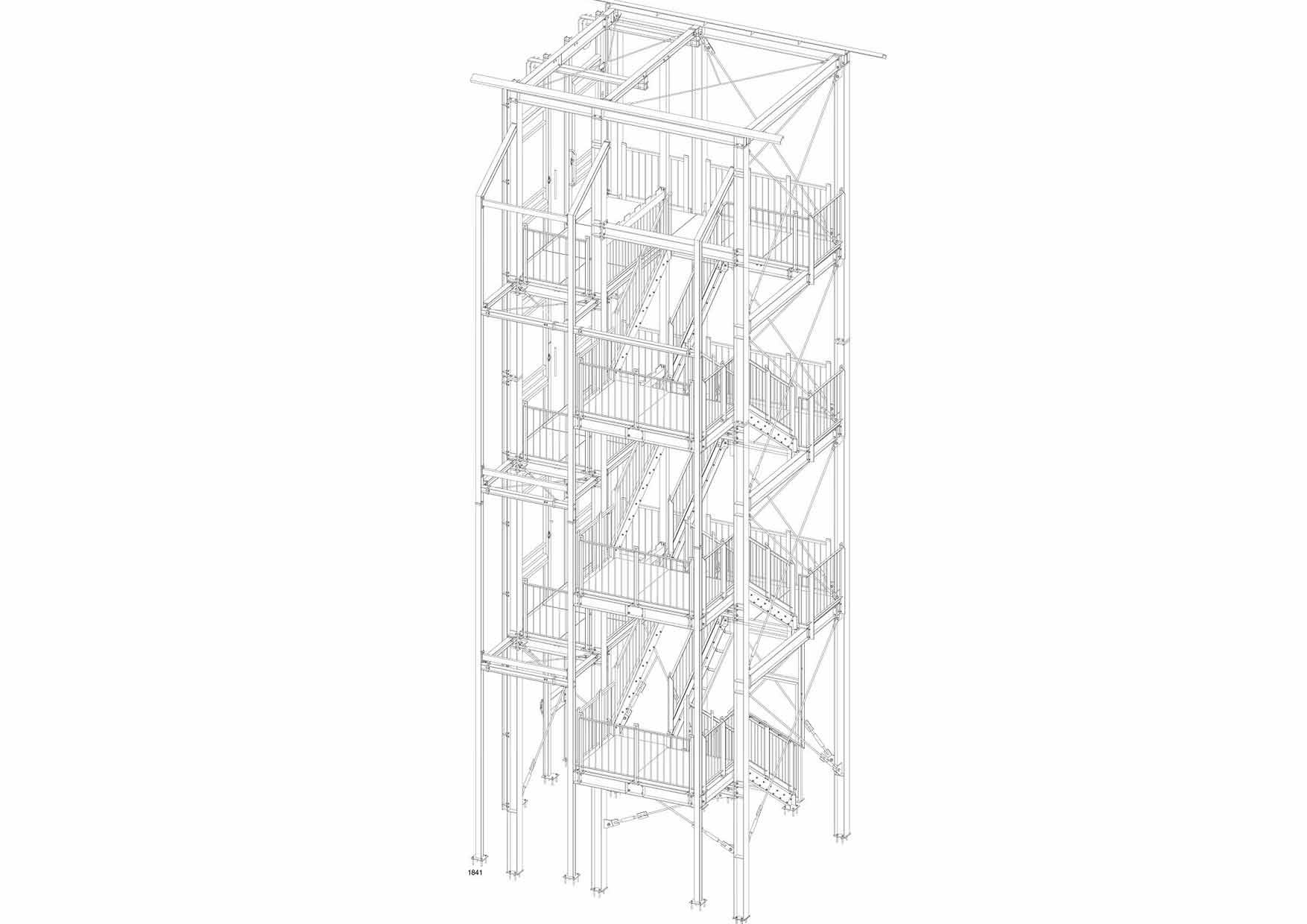 Ein 3D-Modell eines Gebäudes mit Treppen auf einem weißen Hintergrund.